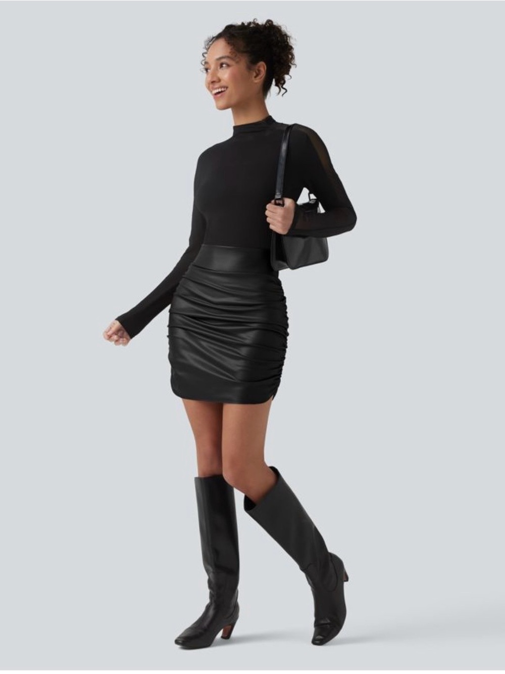 HALARA High Waist 2 in 1 Black Faux Leather Ruched Mini Skirt Small